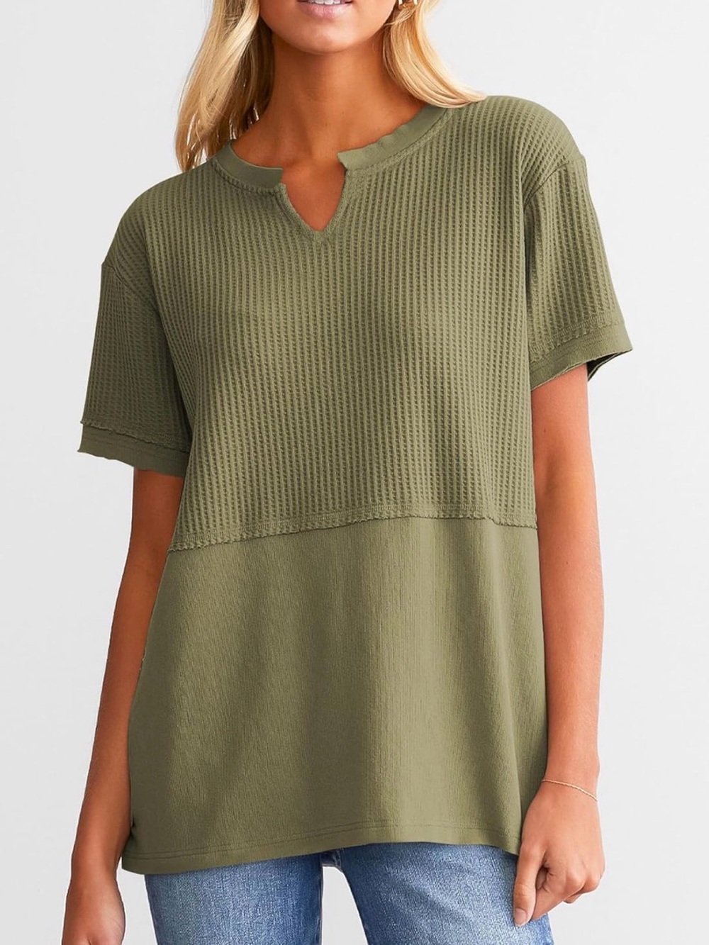 Waffle Knit Short Sleeve Knit Top - Olive